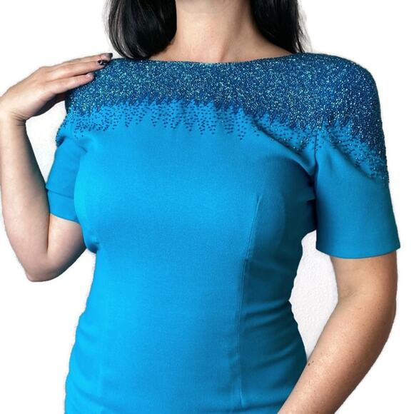 Oleg Cassini Vintage Electric Blue Beaded Sheath Dress Size 8 - Picture 2 of 8